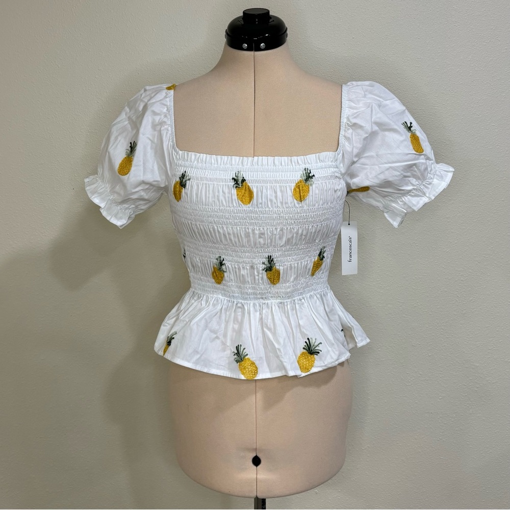 Francesca's White Pineapple Embroidered Top